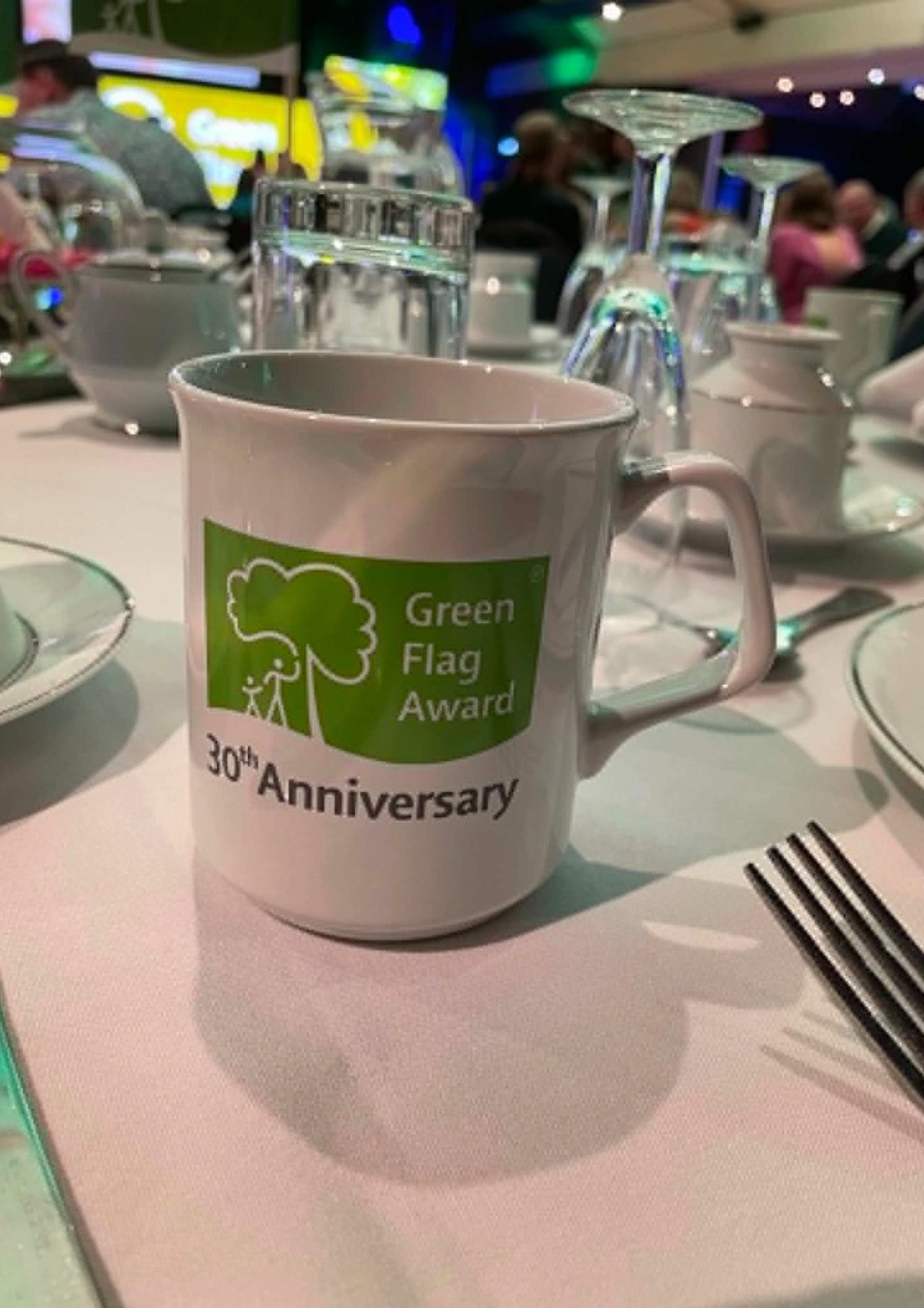 Green Flag Award banner featuring a tree and figures of a person and child.