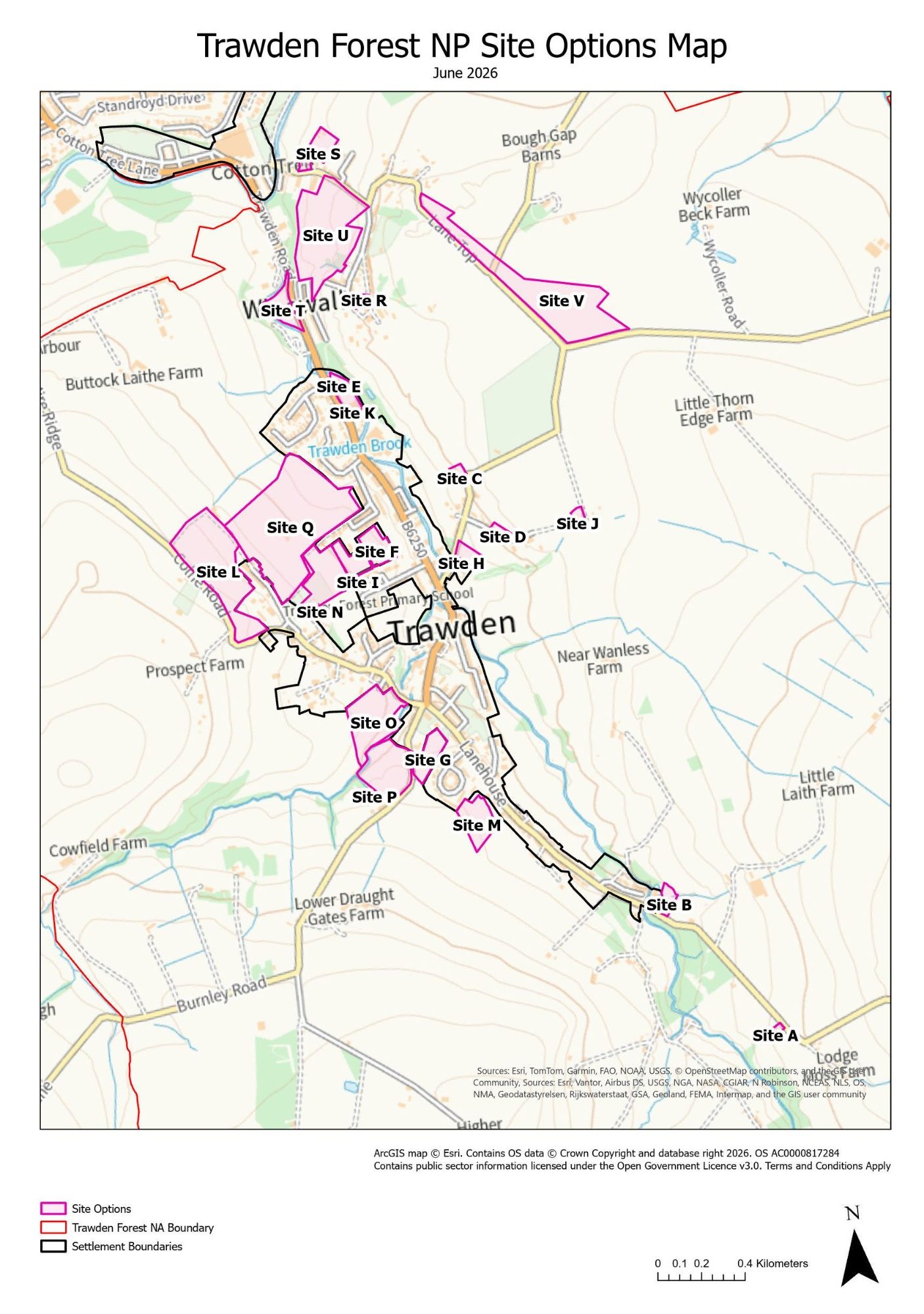 Trawden Character Areas Map Map showcasing various coloured geographical regions and boundaries.