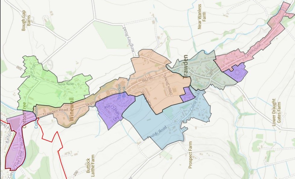 Trawden Character Areas Map Map showcasing various coloured geographical regions and boundaries.