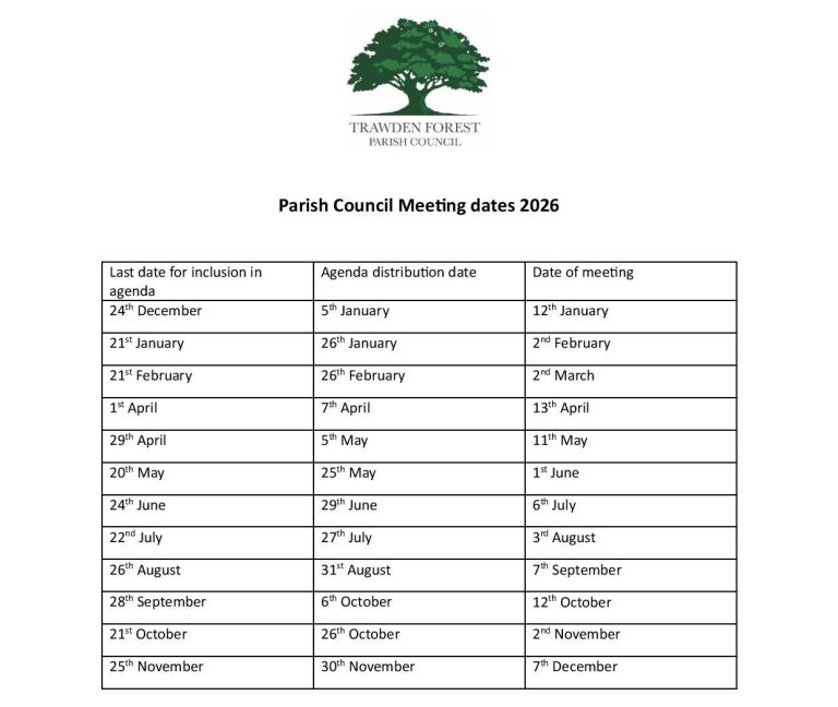 List of parish council meeting dates for 2026.